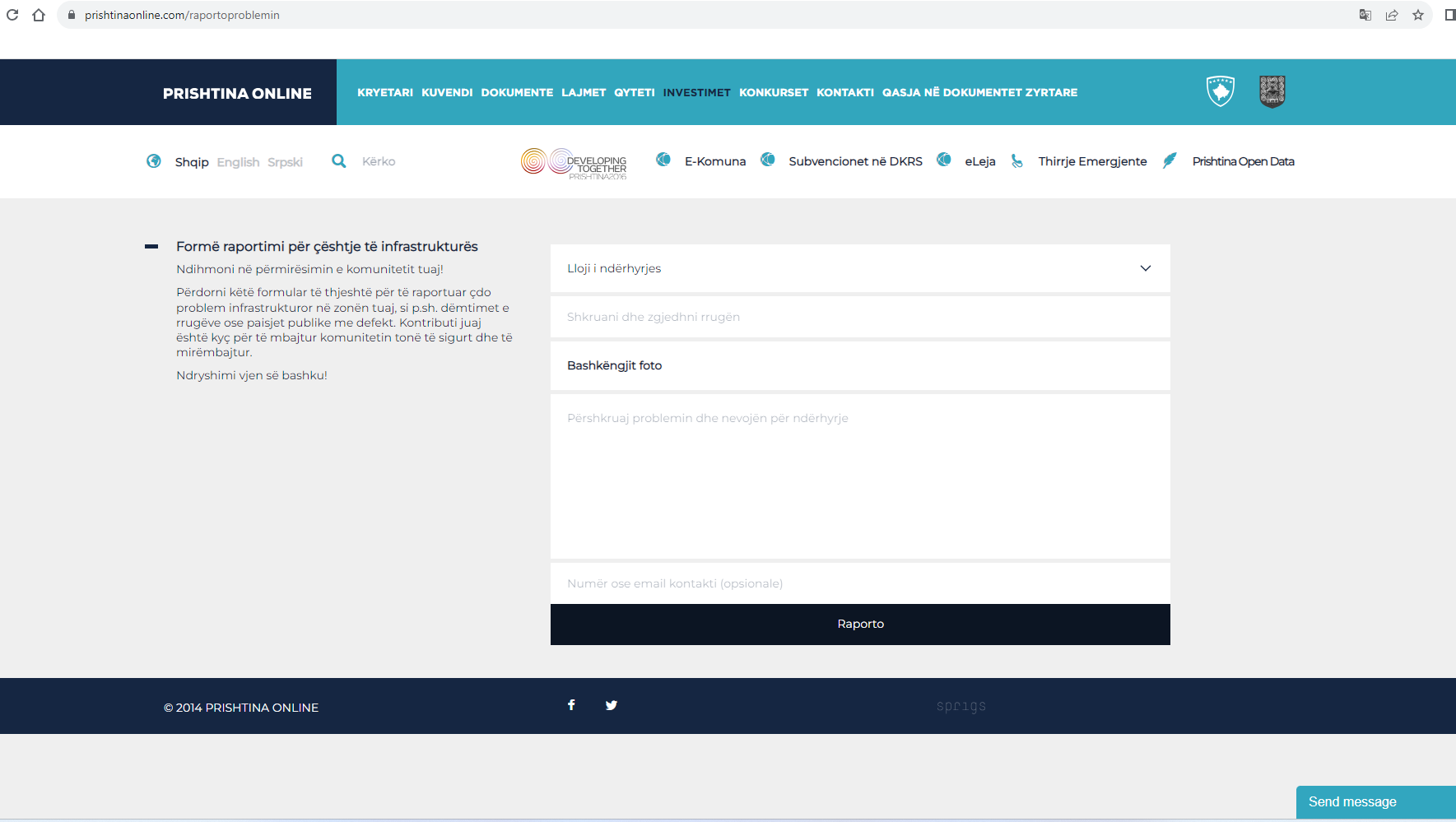 Lansira se Modul # raportiraj problem(raportiraj problem) na web stranici glavnog grada Prištine